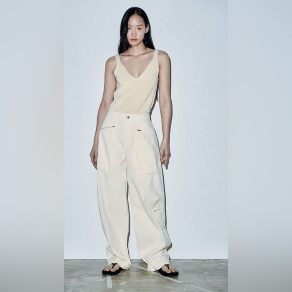 Zara The Relaxed Utility Pants In ECRU Signature Denium Cargo Size 14 - Picture 2 of 15